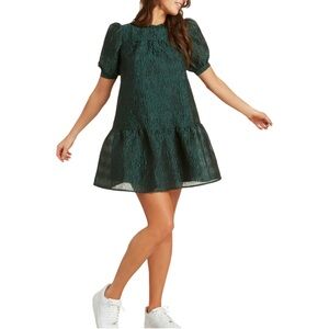 MOON RIVER Ruffled Neck Puff Sleeve Mini Jacquard Dress Mini Green Party NWOT